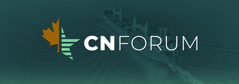 CN Forum artwork with a star and maple leaf. Behind the artwork is a green photo of a freight ship in the Great Lakes.